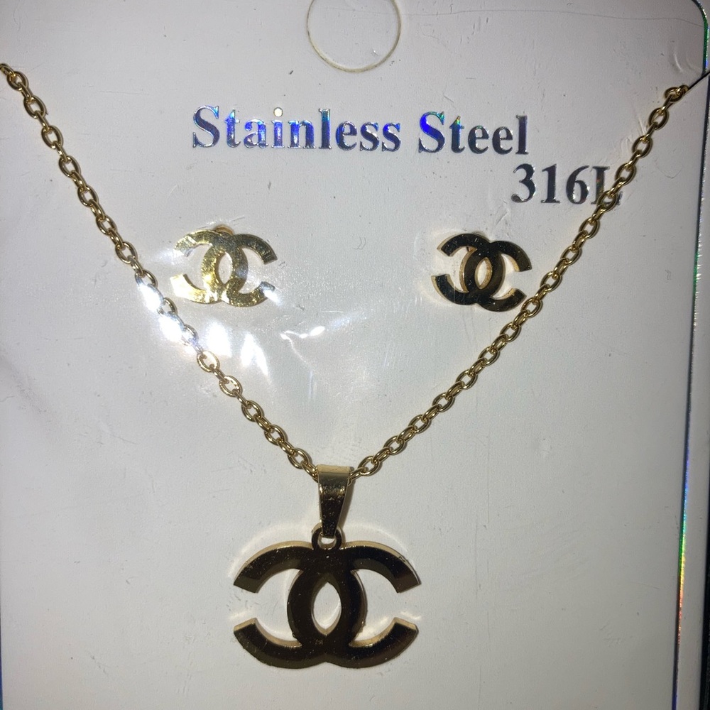 Gold Stainless Steel Necklace and Earring Set